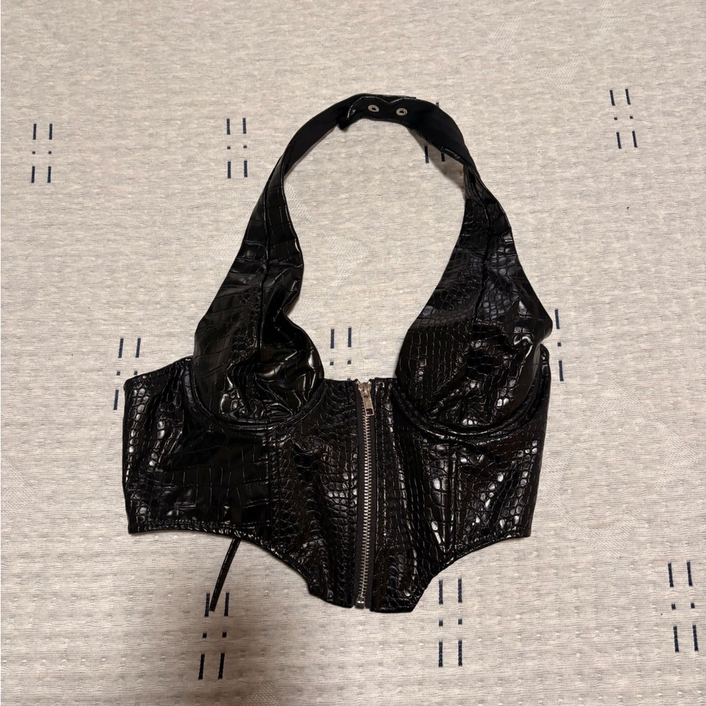 Edikted Black Croc-Texture Halter Crop Top
